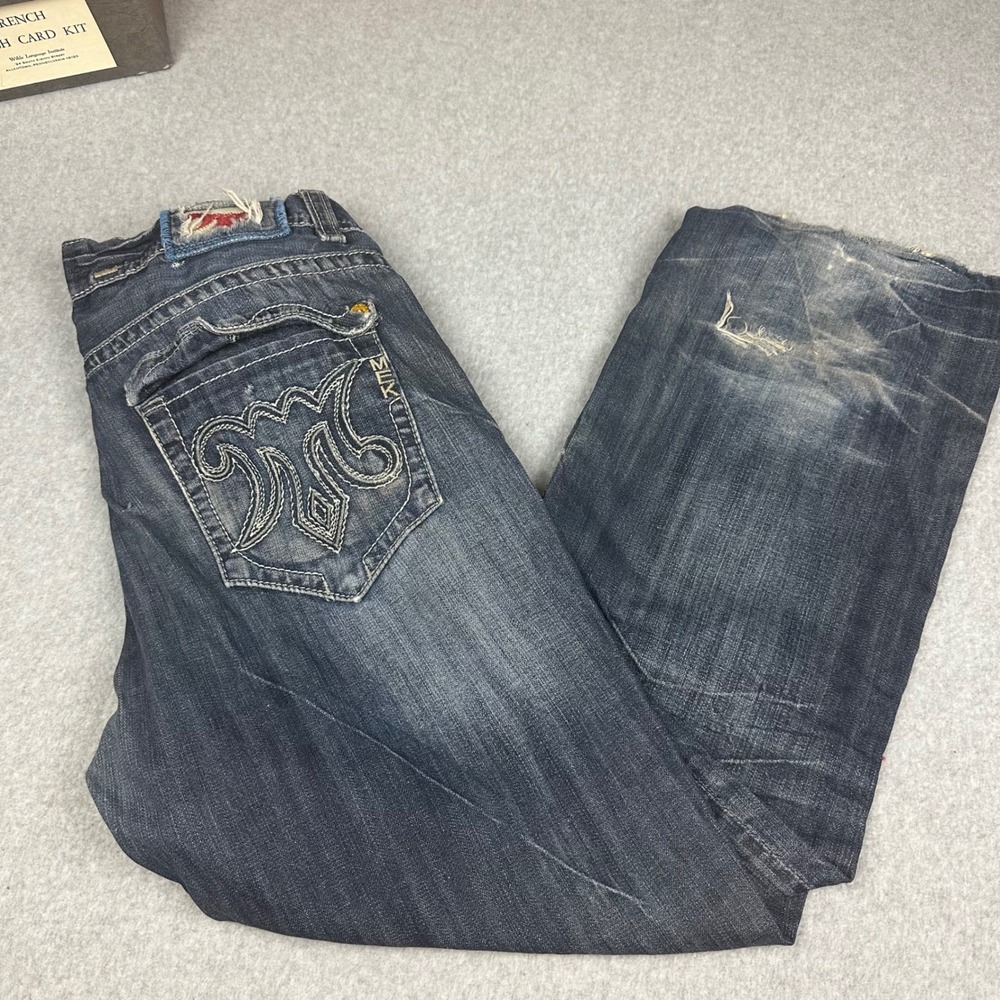 MEK Denim Bologna Distressed Embroidered Back Pocket Jeans Dark Wash 40x32